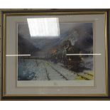 A framed pair of Terence Cuneo locomotive prints, 43cm x 58cm, both limited editions, signed by