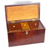 A Victorian rectangular mahogany tea caddy, with parquetry inlaid lid and 3 interior lids, length