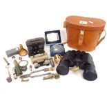 Leather-cased binoculars, 2 opera glasses, a miniature telescope etc