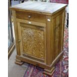 A walnut bedside cabinet with single drawer, the marquetry door decorated with rugby players, W48cm