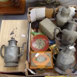 Various Oriental items, including a set of 4 engraved spelter teapots, a papier mache bird box, a