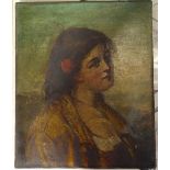 Unframed Antique oil on canvas, girl with a red rose in her hair, 30cm x 25cm