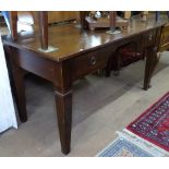 A rectangular hardwood writing desk with 2 drawers, on square tapered legs, L150cm, H78cm, D70cm