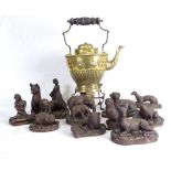 A Victorian brass spirit kettle and burner, and various Hermitage animal figures