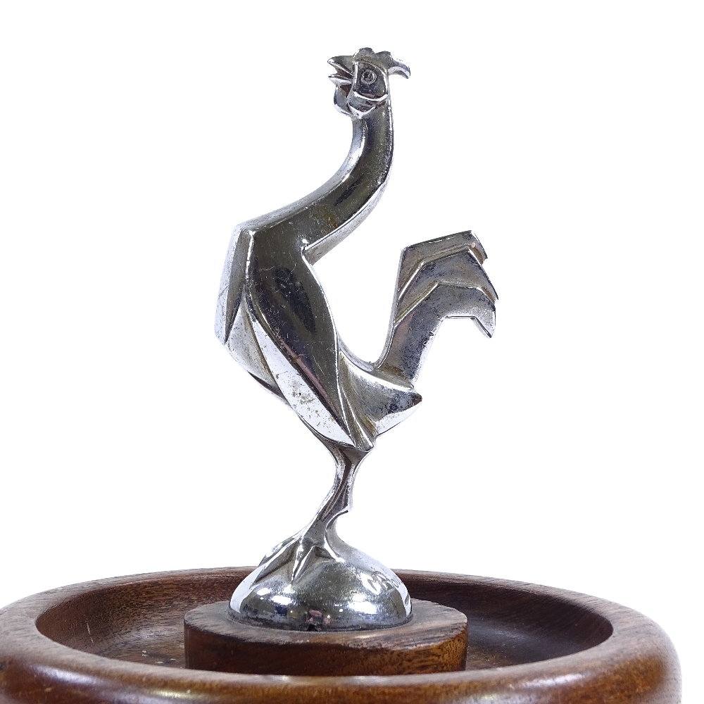 Marcel-Andre Bouraine, chrome-plate bronze Art Deco cockerel design car mascot, on later turned wood