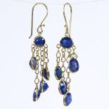 A pair of 14ct gold sapphire cluster drop earrings, shepherd hook fittings, height excluding fitting