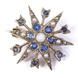 An unmarked gold sapphire and pearl starburst brooch, maker's marks HBJ, hallmarks London 1993