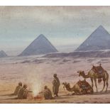 Early 20th century watercolour, camel riders near pyramids, signed with monogram, 8" x 11", and