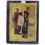 After Picasso, unstretched oil on canvas, abstract composition, image 13" x 9", clip frame Good