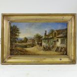 19th century oil on canvas, figures outside an inn, unsigned, 10.5" x 18", framed, together with