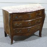 A French walnut and kingwood bombe commode with shaped marble top, width 3'4"