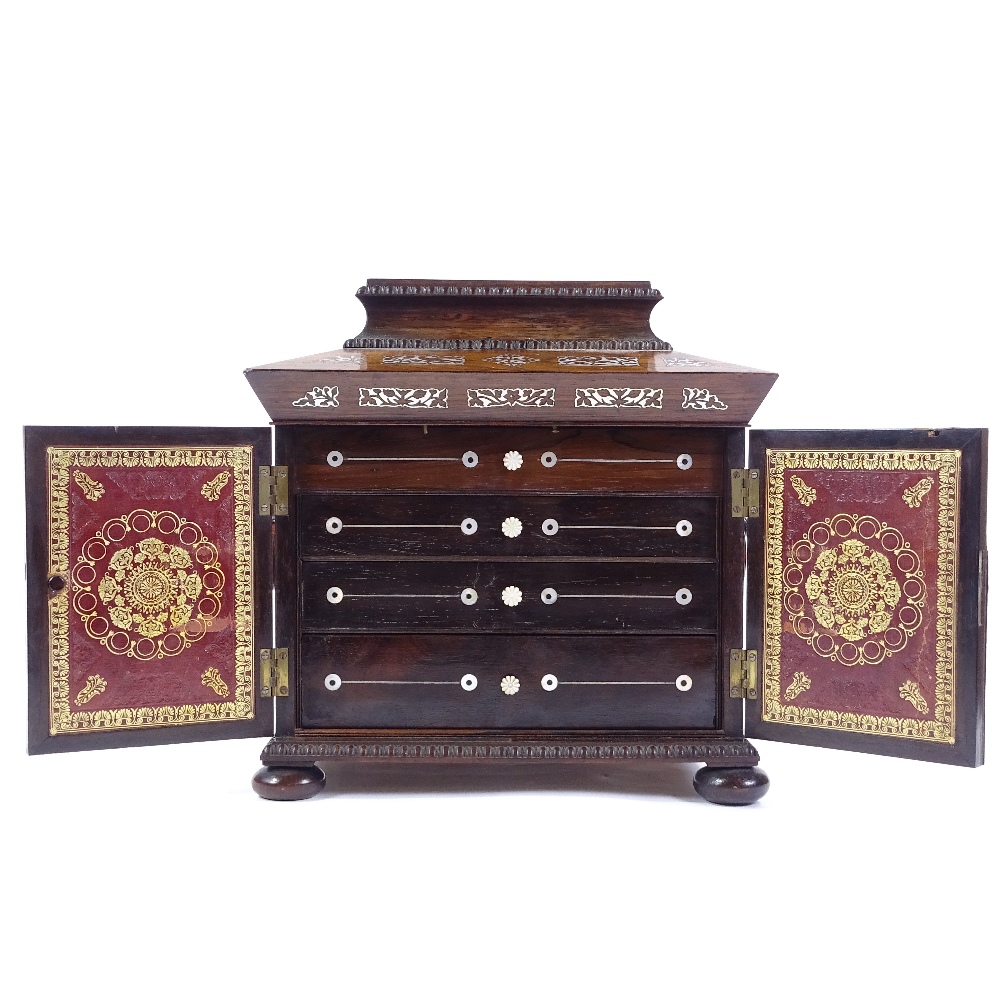 An early 19th century rosewood and mother-of-pearl marquetry inlaid sewing cabinet, the lid having a - Image 5 of 8