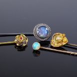 4 stone set stick pins, including 15ct gold diamond set heart pin, largest length 54.7mm, 4.8g total