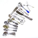 Various Finnish silver flatware, including blue enamel spoon, sugar tongs, teaspoons, etc, 8oz