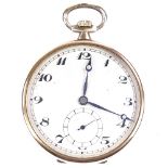 An Art Deco 9ct rose gold open-face top-wind pocket watch, champagne dial with painted Deco Arabic