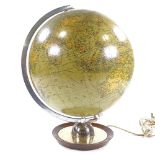 JRO Globus Munich, illuminated terrestrial globe, 1961, with chrome-plate mount on turned wood and