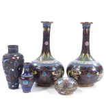 5 pieces of Oriental cloisonne enamel, vases height 19cm Pair of vases have very minor dents, lidded