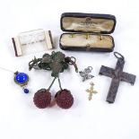 A mixed group of items, including a silver cross, length 5.5cm, 9ct gold studs etc