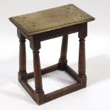 An Antique oak joint stool, top 18" x 10", height 20"