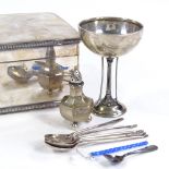 Various silver and plate, including a small silver golf cup, silver coffee spoons and a plated