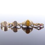 4 gold rings, including unmarked ruby ring, 9ct tiger's eye ring, etc., 7.6g total, (4) Fair overall