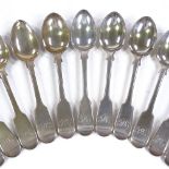A matched set of 12 silver Fiddle pattern teaspoons, including Georgian and Victorian, length 14.