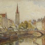 Arthur Bell (1897 - 1995), watercolour, Market Day Bruges, signed, 14" x 21", original artist's