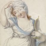 18th century watercolour, Classical portrait of a girl, unsigned, 9" x 8", framed Slight paper