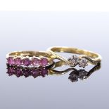 2 gold stone set rings, comprising 14ct 5-stone ruby and an unmarked 2-stone diamond ring, 4.7g