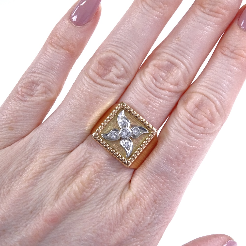 A 14ct gold diamond panel signet ring, central diamond set floral panel, total diamond content - Image 4 of 4