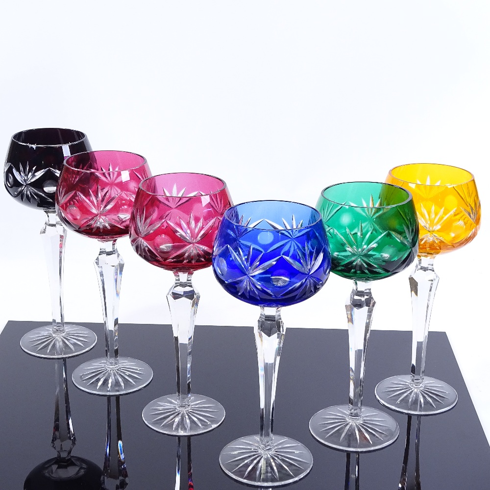 A harlequin set of overlay glass hock glasses, height 19cm Perfect condition - Image 2 of 3