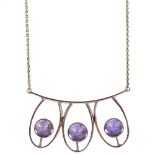 A Finnish 14ct gold 3-stone cabochon amethyst necklace, stylised openwork settings, maker's marks E,