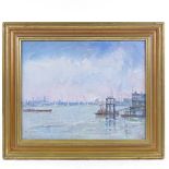 John Denahy NEAC (1922 - 1999), oil on canvas board, The Thames at Woolwich, 14" x 17", framed
