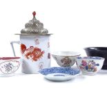 A group of Oriental items, including a porcelain mug with painted Dog of Fo, height 10cm, lacquer