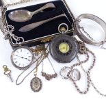 Various silver, including pocket watches, hinged bangle, chain necklaces etc Lot sold as seen unless