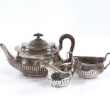 A Victorian 3-piece silver teaset, comprising teapot, cream jug and sugar bowl, half-fluted oval