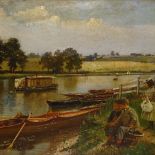 Late 19th/early 20th century English School, oil on board, children fishing from a riverbank,