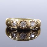 An Edwardian 18ct gold 3-stone diamond gypsy ring, total diamond content approx 0.35ct, hallmarks
