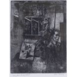 Fred Cuming (born 1930), etching, Night Studio with Self Portrait, signed in pencil, no. 1/45, image