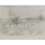 Pencil/watercolour landscape, signed with monogram EBS, 10" x 14", framed Good condition