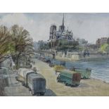 A Peachey, watercolour, Second War Period scene near Notre Dame Paris, 14" x 18", framed Very good