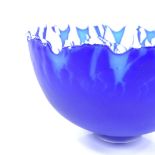 Malcolm Sutcliffe, opaque blue and white Studio glass bowl, signed under base, diameter 16cm, height