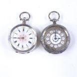 2 silver-cased open-faced key-wind fob watches, ornate gilt dials with foliate engraved cases,