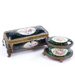 2 similar 19th century French brass and champleve enamel caskets, with hand painted floral enamel