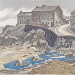 Clifford Webb, colour linocut print, Craster, Northumberland, signed in pencil, no. 8/30, image