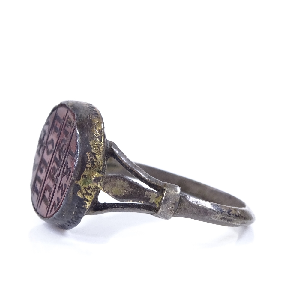 A Medieval style white metal intaglio seal ring, dated 1832, setting height 13.4mm, size N, 3g - Image 2 of 4