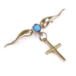 A Middle Eastern gold turquoise mourning brooch, suspending a cross, brooch length (across) 42mm,