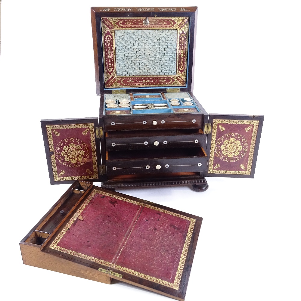 An early 19th century rosewood and mother-of-pearl marquetry inlaid sewing cabinet, the lid having a - Image 7 of 8