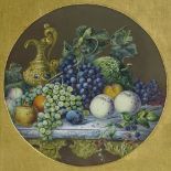 A pair of highly detailed circular watercolours, still life studies fruit on marble console