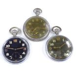 3 GSTP Military issue open-face top-wind pocket watches, including Jaeger LeCoultre and Elgin, black
